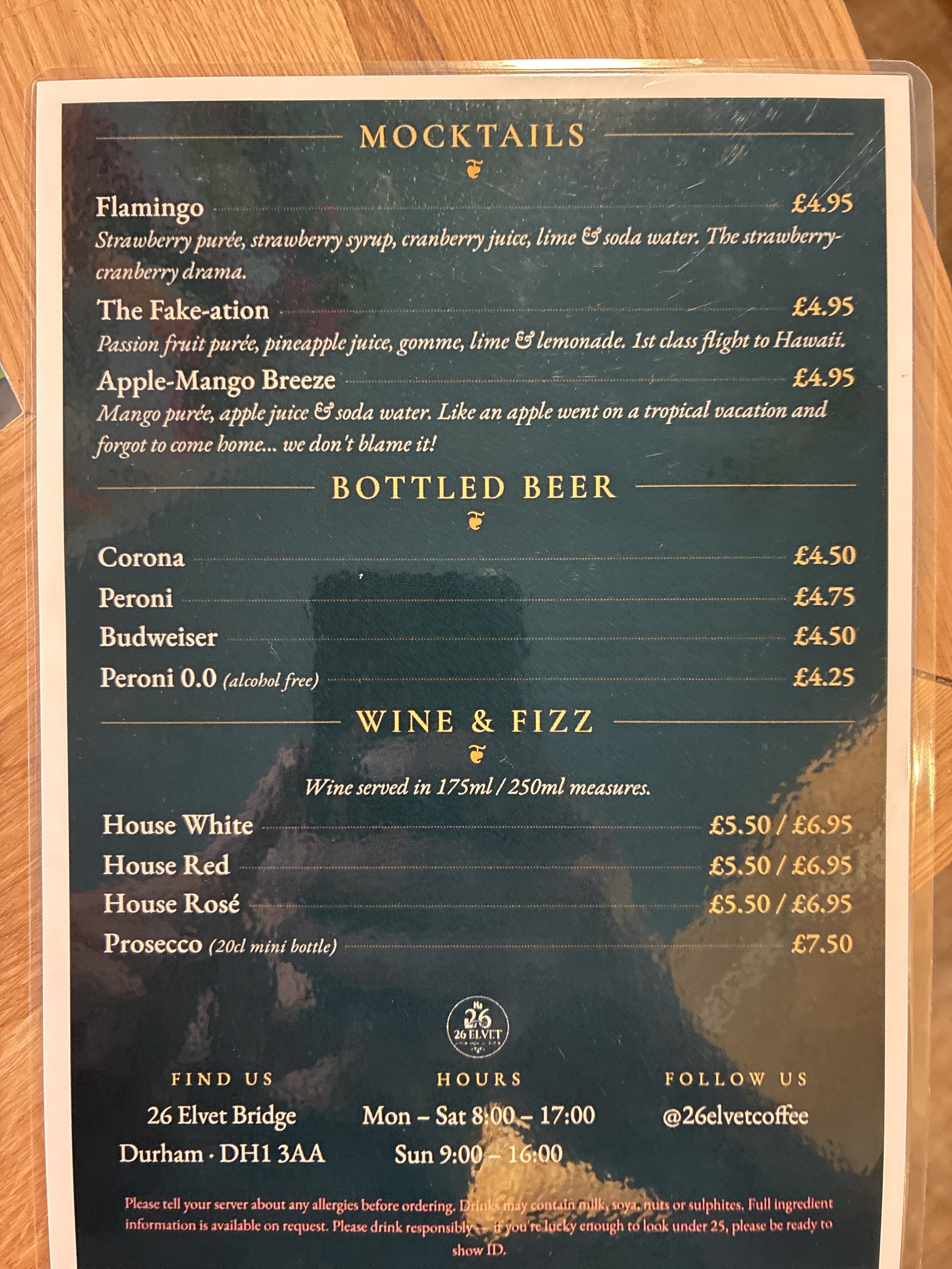 26 Elvet mocktails, bottled beer, wine and fizz menu
