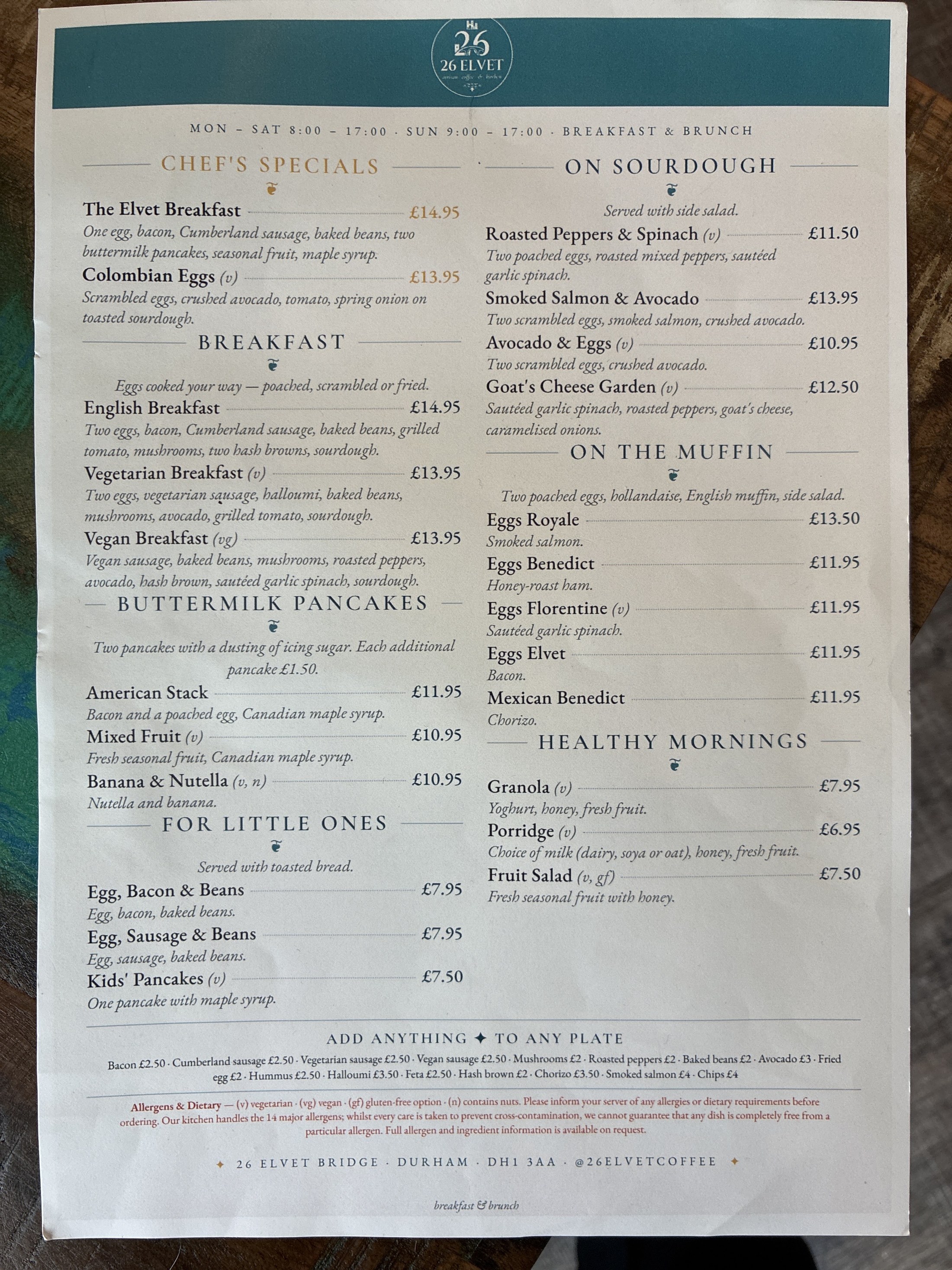 26 Elvet breakfast and brunch menu