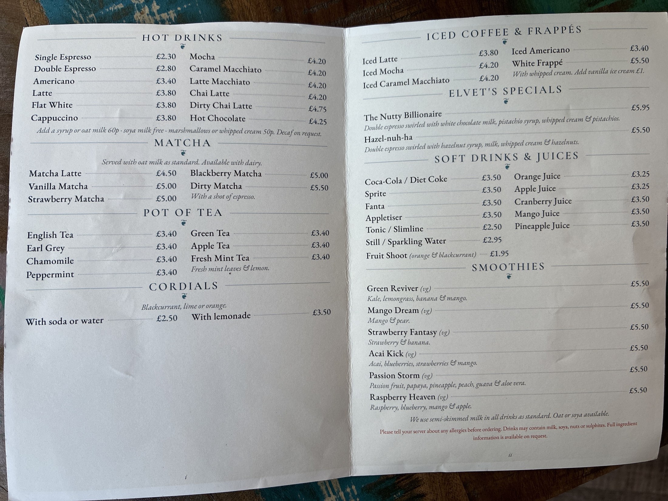 26 Elvet hot drinks, tea, iced coffee, soft drinks and smoothies menu