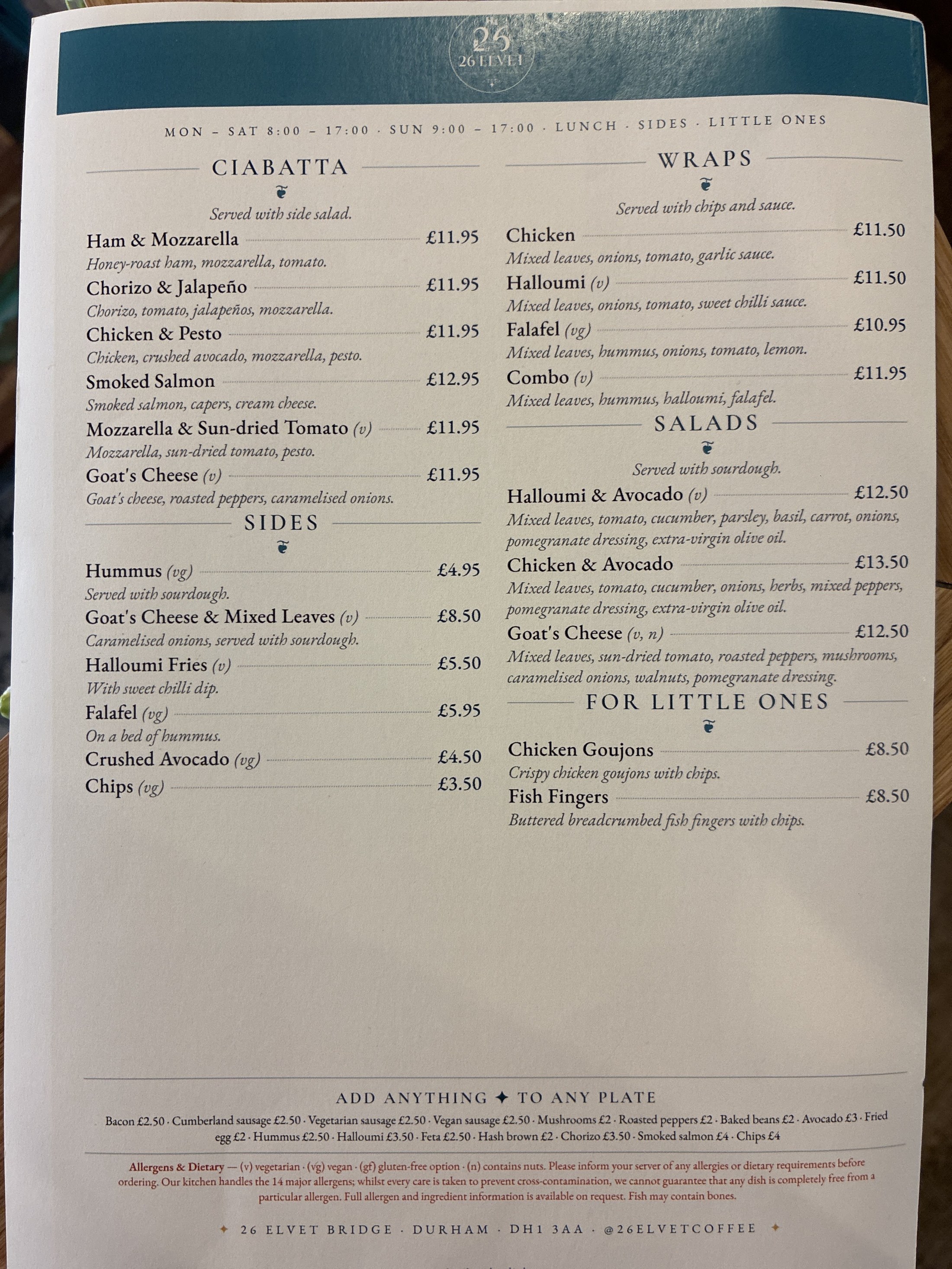 26 Elvet ciabatta, wraps, salads and sides menu