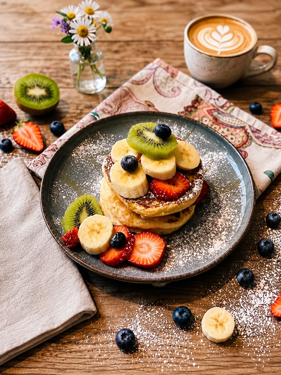 Pancakes topped with fresh fruit beside a latte at 26 Elvet
