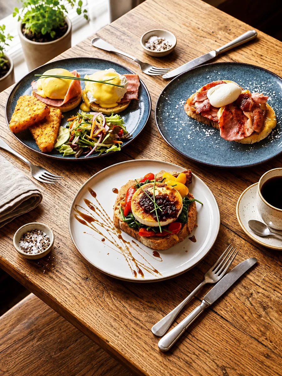 A table spread of eggs, toast and breakfast plates at 26 Elvet