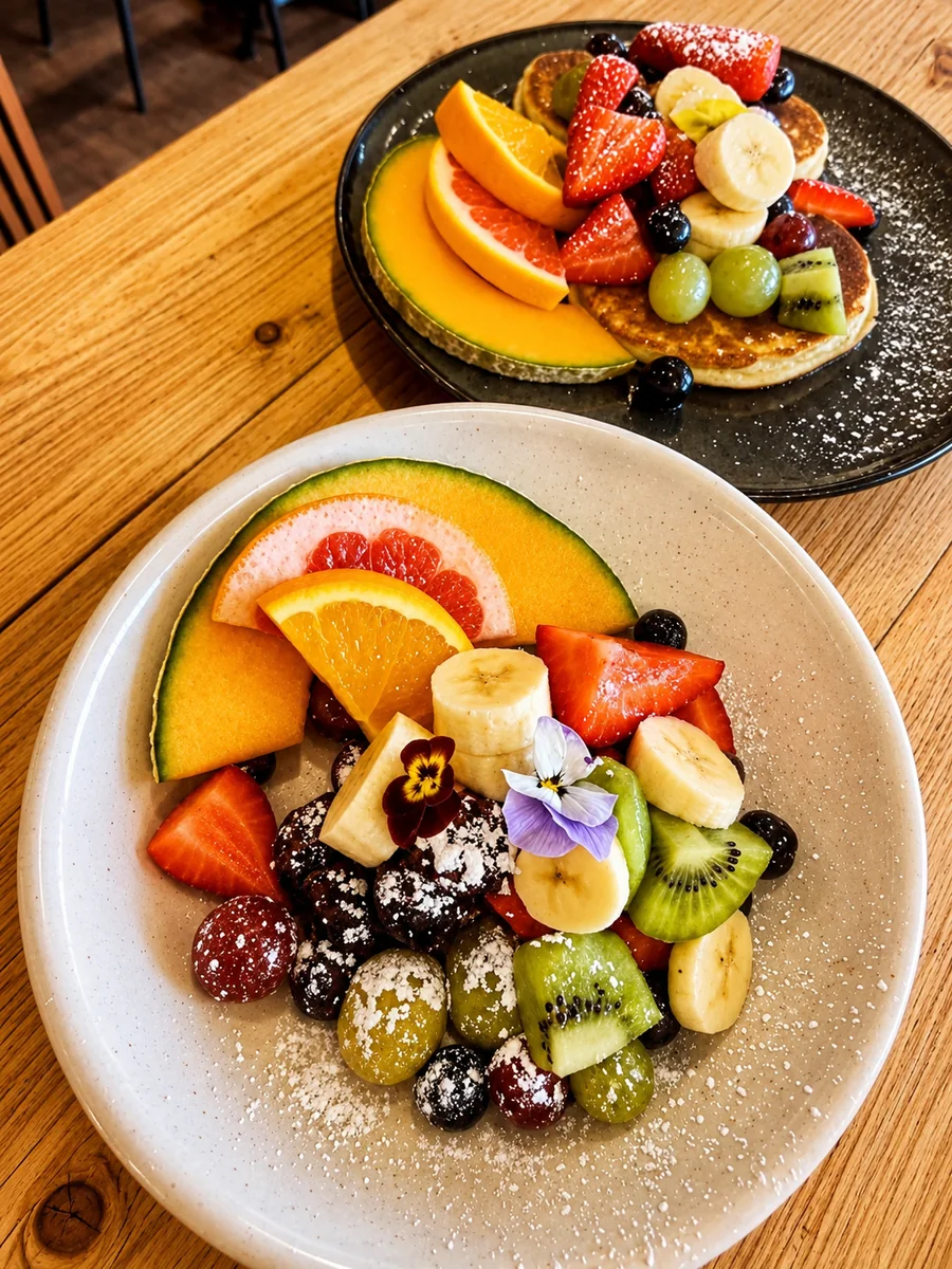 Fresh fruit served with mini pancakes at 26 Elvet