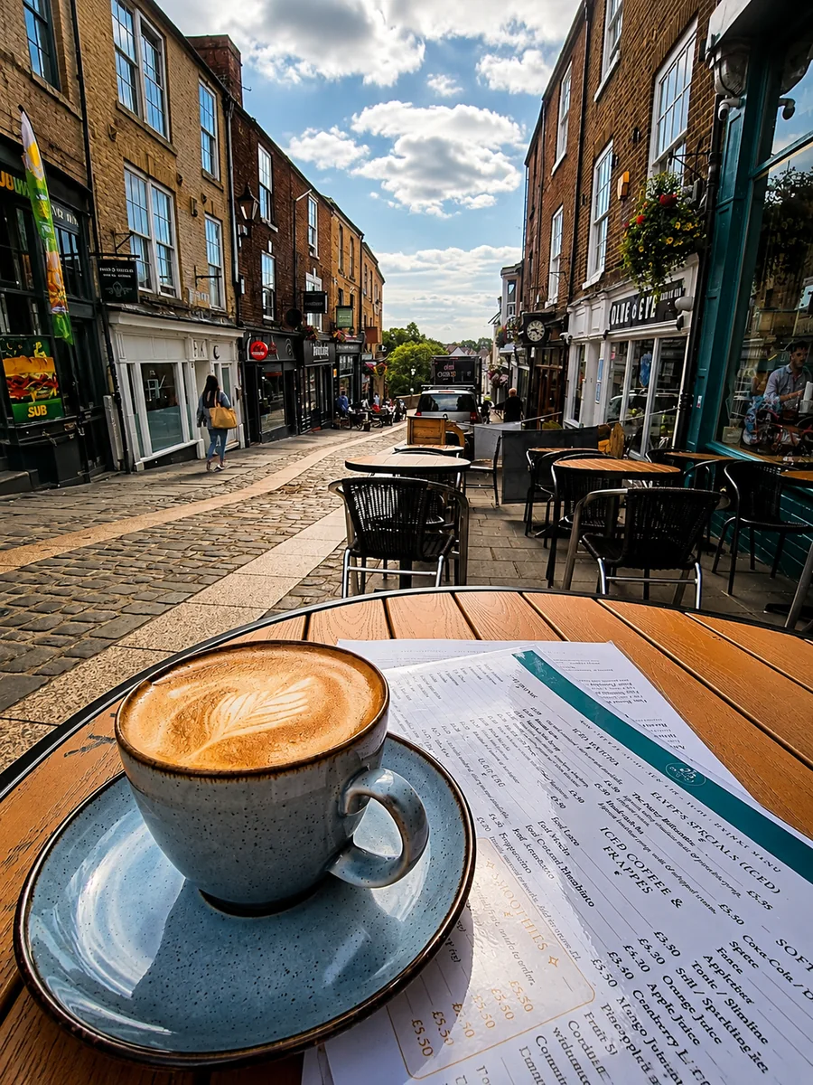 A latte on an outdoor table overlooking Elvet Bridge